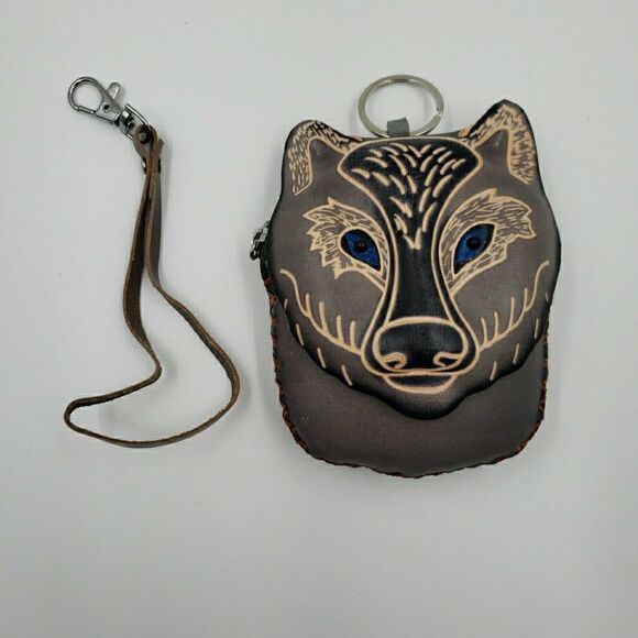 Handmade Leather Gray Wolf Wristlet Wallet Blue Eyes Animal Coin Pouch Cub Scout - Picture 2 of 11